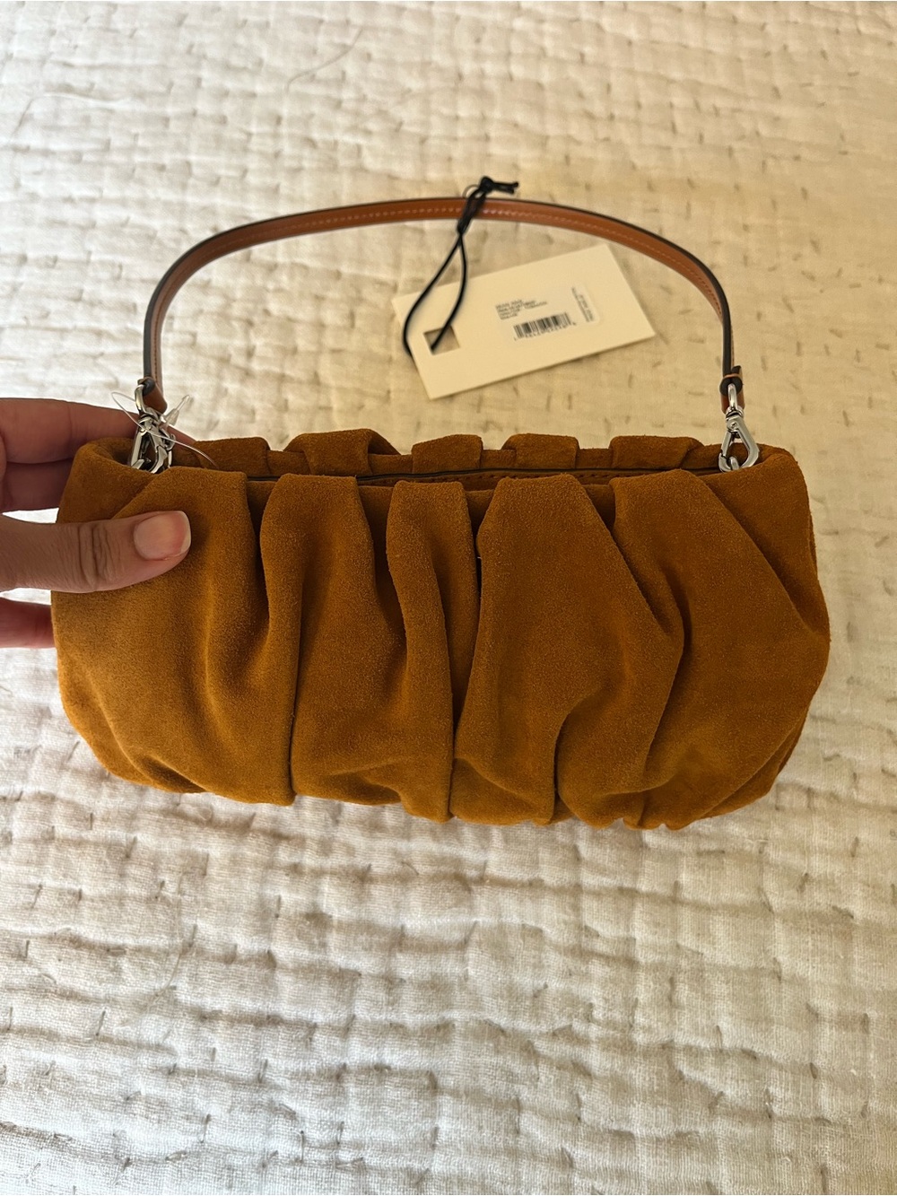 STAUD Mustard Suede Gathered Mini Shoulder Bag